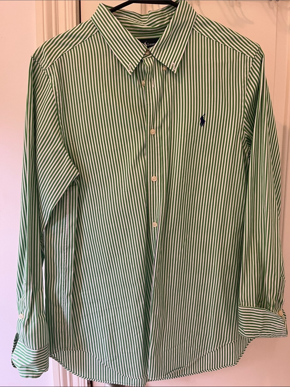 Ralph Lauren Green and White Striped Cotton Button-Down Shirt